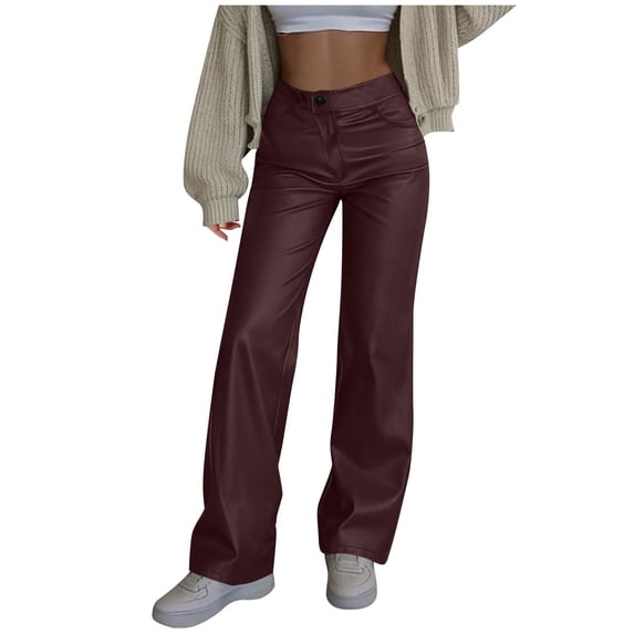 ZToonmas Womens Faux Leather Wide Leg Pants Button Zipper Elastic Waist Loose Straight Casual Long Trousers with Side Pockets