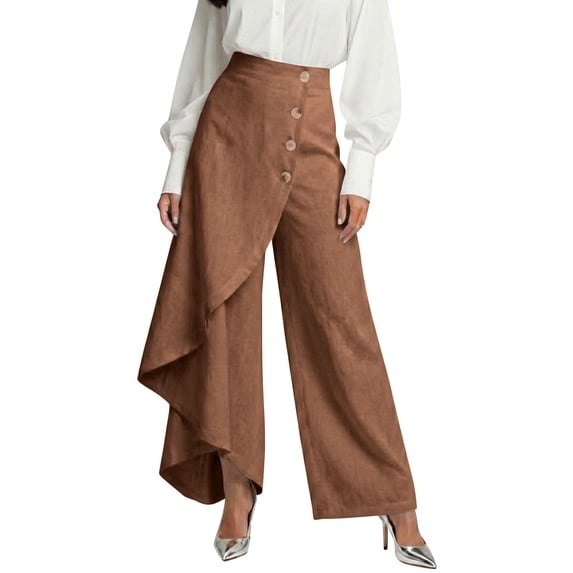 ZToonmas Womens Linen Asymmetric Wrap Wide Leg Pants High Waist Wooden Buttons Hidden Elastic Waist Loose Straight Long Casual Pants