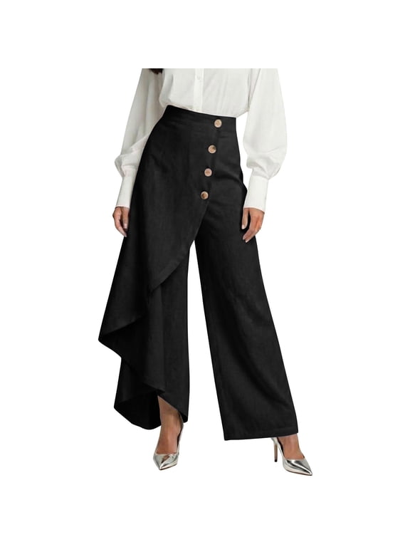 Womens Linen Asymmetric Wrap Wide Leg Pants High Waist Wooden Buttons Hidden Elastic Waist Loose Straight Long Casual Pants