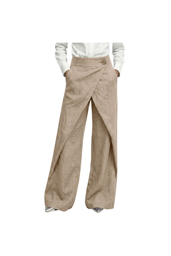 Womens Linen Wrap Wide Leg Pants High Waist Wood Button Hidden Elastic Waist Loose Straight Casual Long Pants with Side Pockets