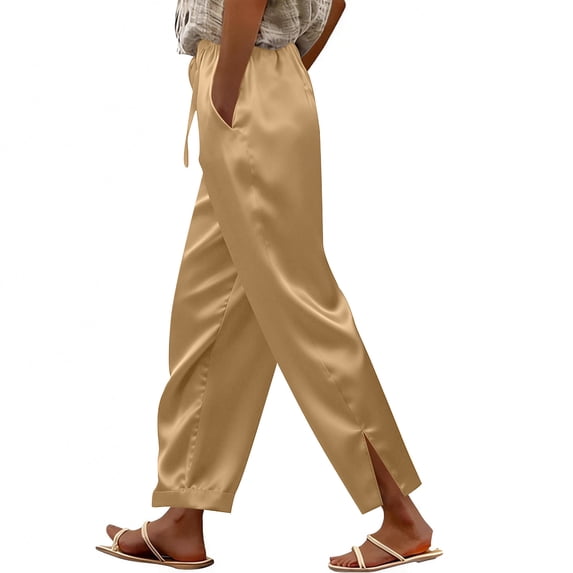ZToonmas Womens Silky Satin Ankle Pants Drawstring Elastic Waist Side Split Hem Elegant Loose Casual Cropped Pants with Side Pockets
