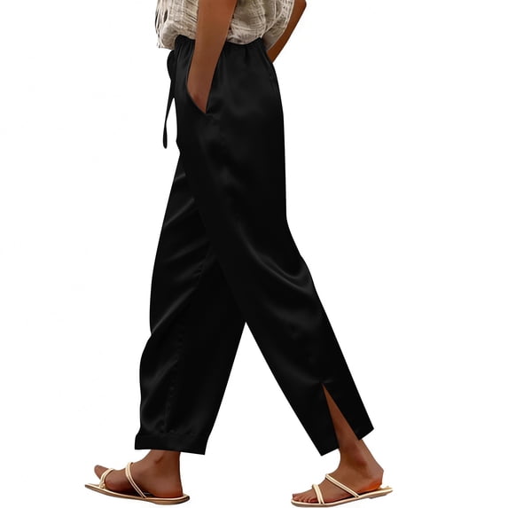 ZToonmas Womens Silky Satin Ankle Pants Drawstring Elastic Waist Side Split Hem Elegant Loose Casual Cropped Pants with Side Pockets