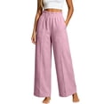 thumbnail image 1 of ZToonmas Womens Solid Linen Look Wide Leg Pants Elastic Waist Front Seam Casual Loose Long Pants with Pockets, 1 of 5