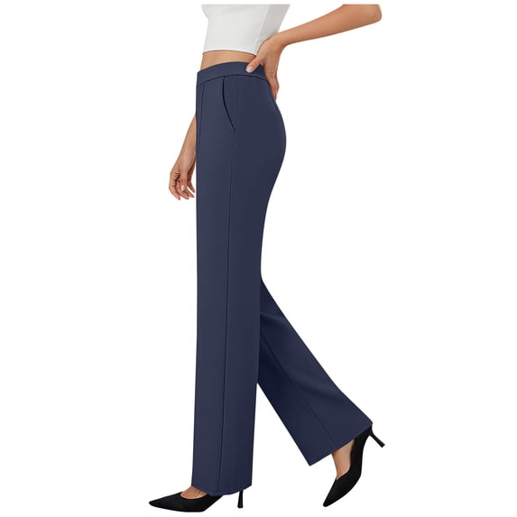 ZToonmas Womens Solid Twill Flare Pants Full Elastic Waist Seam Detail Loose Casual Long Trousers with Side Pockets