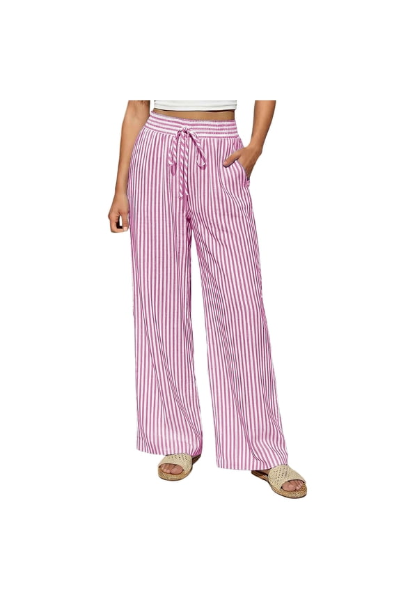 Womens Striped Full Length Wide Leg Pants Drawstring Elastic Waist Faux Linen Lightweight Casual Long Pants with Side Pockets
