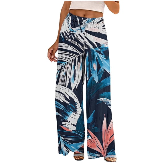 ZToonmas Womens Wide Leg Print Pants Elastic Waist Casual Long Pants