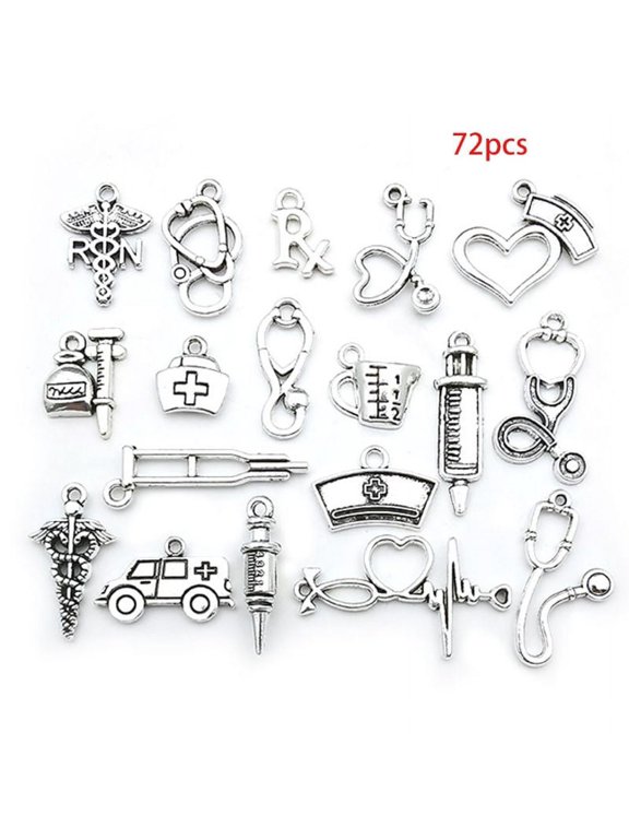 72Pcs Mixed Antique Silver Doctor Nurse Charms Stethoscope Syringe Ambulance Pendant for DIY Necklace Jewelry Making