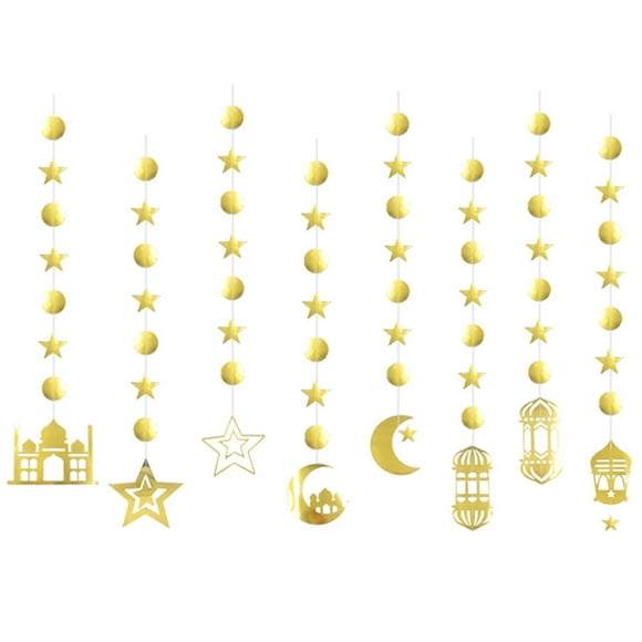 ZUARFY Eid Paper String Pendant 8pcs/set Golden Moon Star Hanging Garland Banner Ornament for Islam Muslim Ramadan Party Wall Door Decoration Gift Supplies