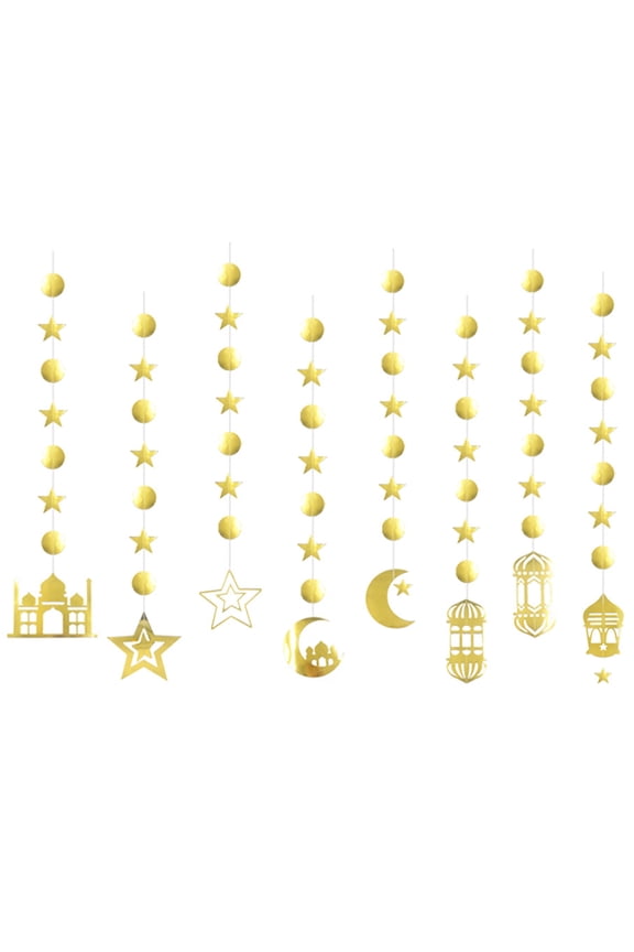 Eid Paper String Pendant 8pcs/set Golden Moon Star Hanging Garland Banner Ornament for Islam Muslim Ramadan Party Wall Door Decoration Gift Supplies