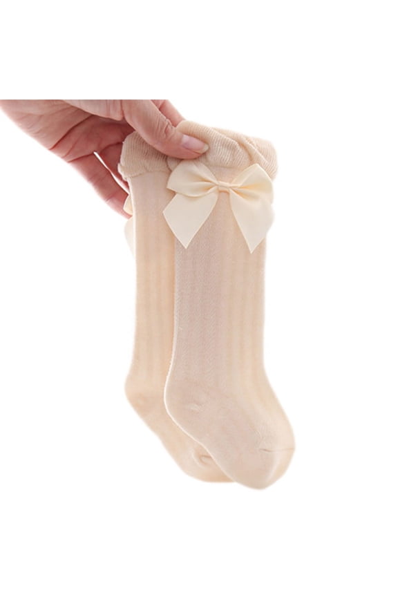 Newborn Baby Girls Summer Thin Mesh High Tube Socks Sweet Bow Solid Color Anti-Mosquito Cotton Over the Knee Stockings