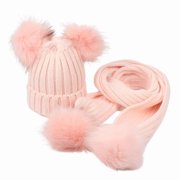 ZUARFY Toddler Kids Winter Warm Ribbed Knit Beanie Hat with Long Scarf Set Solid Color Cute Double Pom Pom Ear Cuffed Skull Cap
