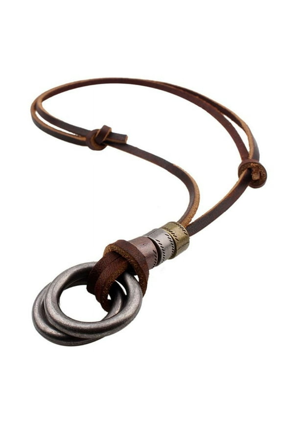 Vintage Brown Genuine Leather Double Ring Eyeglass Pendant Necklace Adjustable