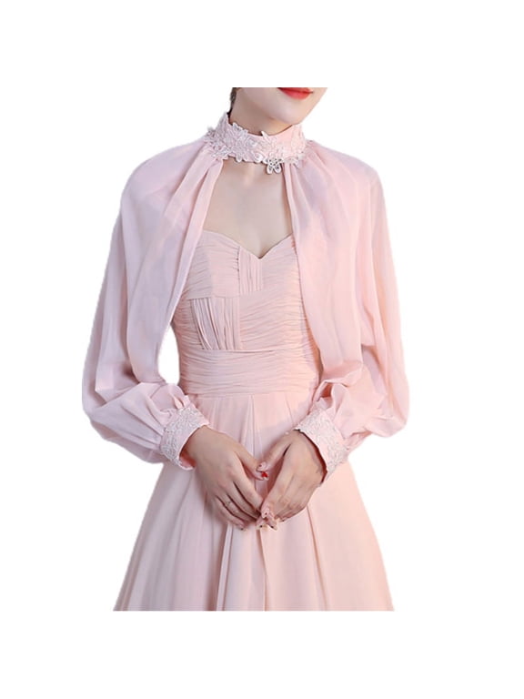 Women Elegant Side Split Long Sleeve Wedding Shawl Cape Halter Neck Chiffon Shrug Capelet Open Front Backless Floral Lace Bridal Jacket Bolero