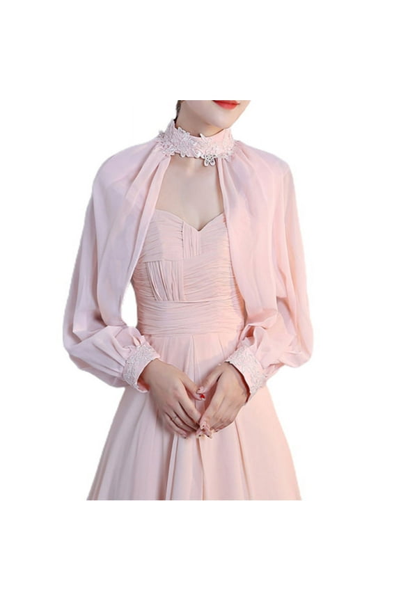 Women Elegant Side Split Long Sleeve Wedding Shawl Cape Halter Neck Chiffon Shrug Capelet Open Front Backless Floral Lace Bridal Jacket Bolero