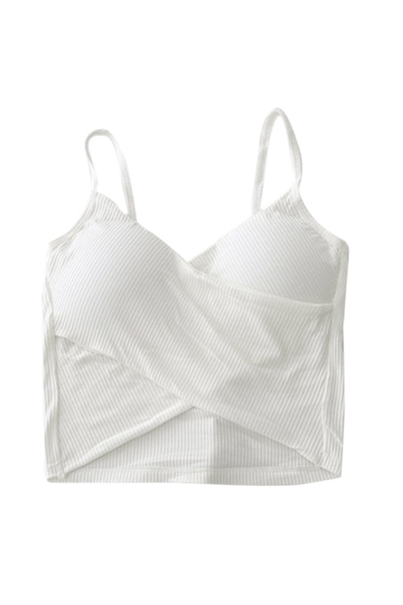 Women Sexy Criss-Cross Wrap Front Camisole Deep V-Neck Ribbed Spaghetti Strap Crop Top Solid Color Padded Bralette Vest