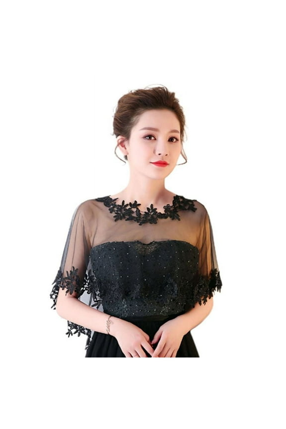 Women Single Layer Sheer High Low Wedding Shawl Wrap Floral Lace Applique Splicing Trim Bridal Evening Cape Shrug Capelet Bolero
