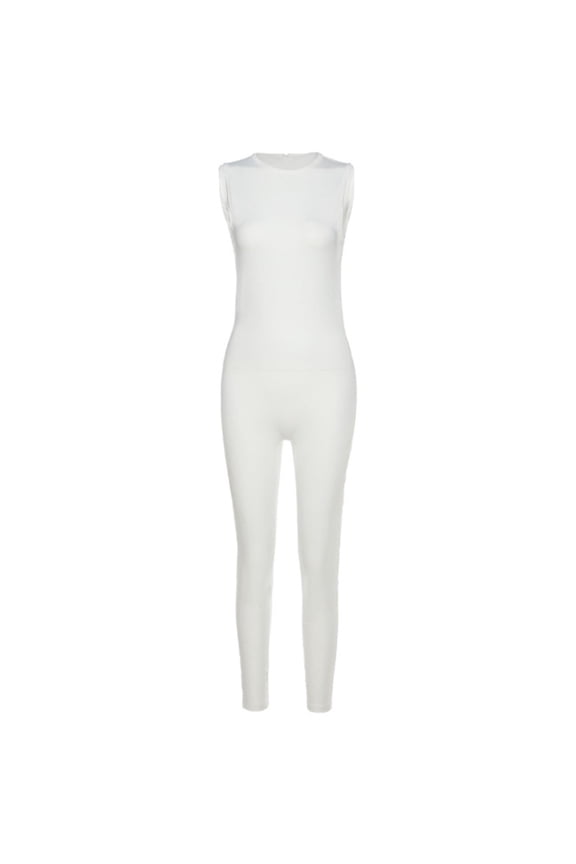 Women Sleeveless Tank Jumpsuit O-Neck Invisible Zipper Solid Leggings Rompers