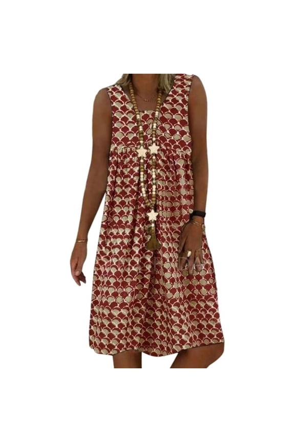 Women Summer Sleeveless Scoop Neck Midi Long Tank Dress Boho Fish Scales Print Pleated Front Flare Hem Casual Loose Beach Vest Sundress