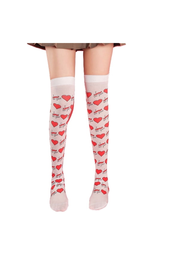 Women Valentines Day Silky Thigh High Stockings Sweet Love Heart Lips Printed Bowknot Over Knee Long Socks Party Costume