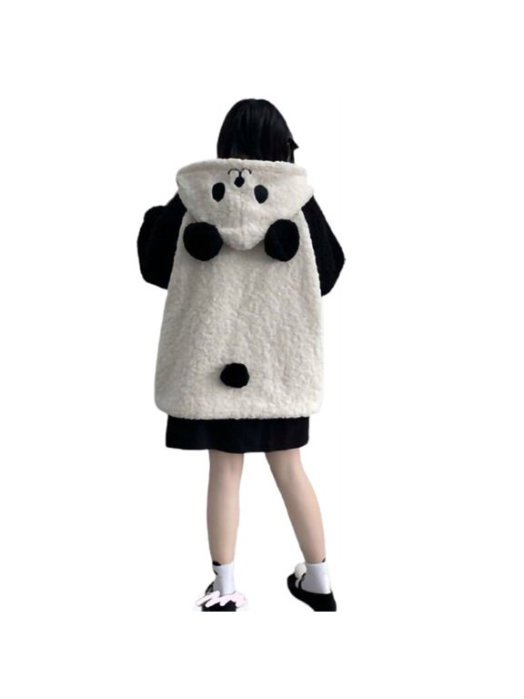 Women Winter Faux Fleece Hoodies Jacket Harajuku Kawaii Cartoon Panda Ears Long Sleeve Sweatshirt Oversized Button Coat