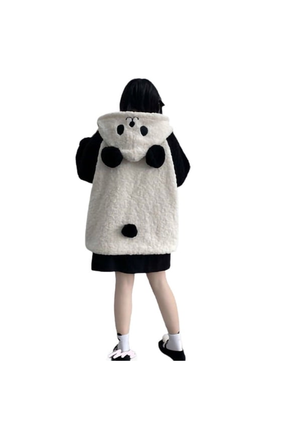 Women Winter Faux Fleece Hoodies Jacket Harajuku Kawaii Cartoon Panda Ears Long Sleeve Sweatshirt Oversized Button Coat