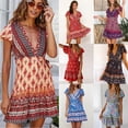 thumbnail image 1 of ZUBKTE Dress for Women Bohemian Tie Printed V-Neck Short Sleeve Summer Maxi Beach Vacation Holiday Party Dress, 1 of 9
