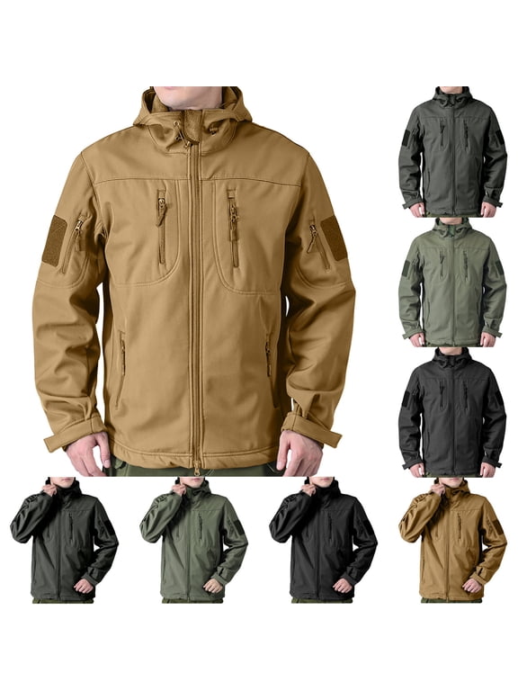 Men's Fleece Lined Tactical Softshell Jacket Water Resistant Multi Pocket Hooded Long Sleeve Cargo Coat for Hiking Climbing Outdoor Sports S-3XL