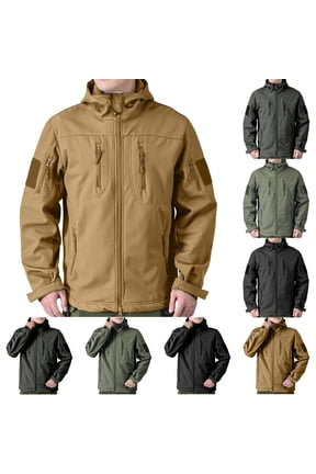 Men's Fleece Lined Tactical Softshell Jacket Water Resistant Multi Pocket Hooded Long Sleeve Cargo Coat for Hiking Climbing Outdoor Sports S-3XL