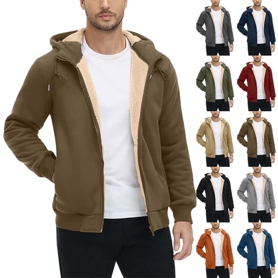 ZUBKTE Men's Solid Fleece Lined Zip Up Long Sleeve Hoodie, Pocket Warm Open Sweatshirt, Thick Durable Outerwear for Autumn Winter Daily Street Wear S-3XL