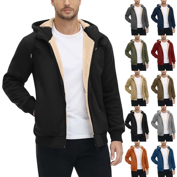 ZUBKTE Men's Solid Fleece Lined Zip Up Long Sleeve Hoodie, Pocket Warm Open Sweatshirt, Thick Durable Outerwear for Autumn Winter Daily Street Wear S-3XL