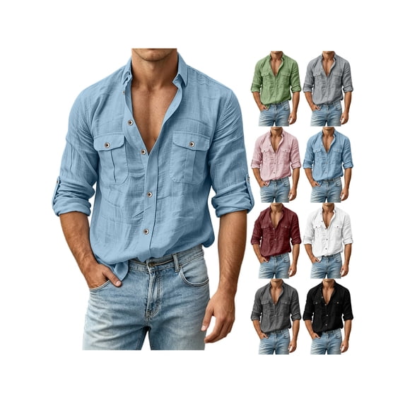 ZUBKTE Mens Button Down Shirt Casual Long Sleeve Shirts | Spread Collar, Hippie Beach Tops, Solid Color, Summer Beach Wedding, Shirts for Men