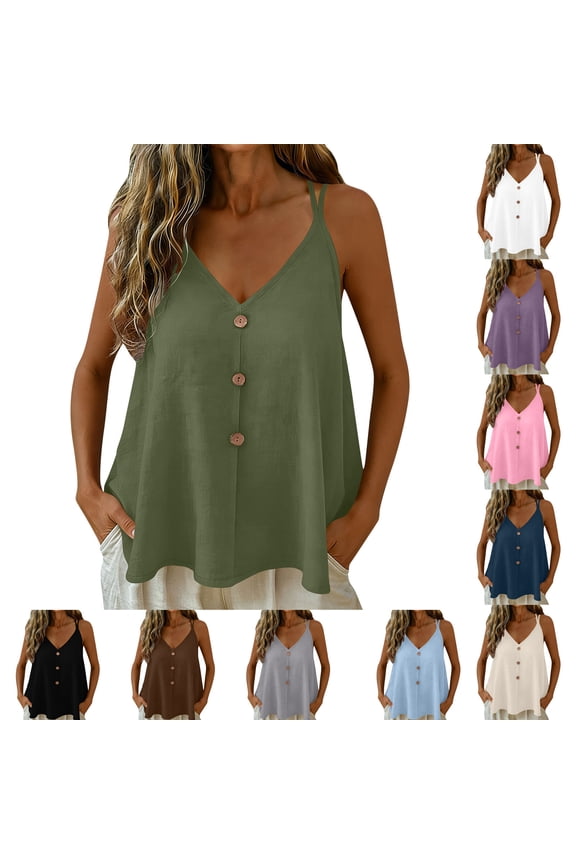 Women's Linen Cotton Halter Tie Back V Neck Pullover Sleeveless Camisole Tops S-2XL
