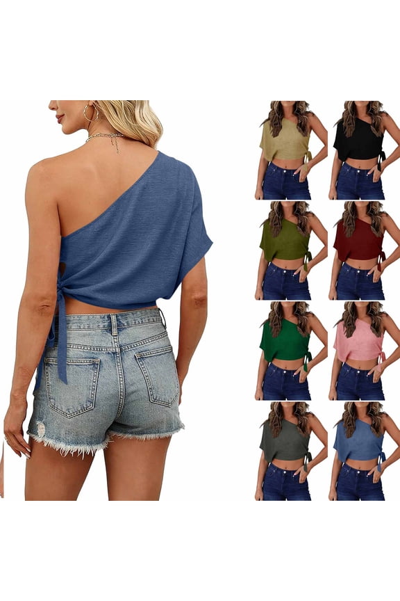 Women's One Shoulder Tops Textured Drawstring Side Strap Backless Blouse for Cocktail Holiday Streetwear S-2XL
