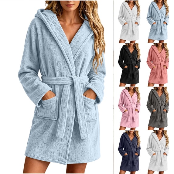 ZUBKTES Robes For Women Hooded Fleece Robe, Long Plush Bathrobe with Pockets and Belt Tie