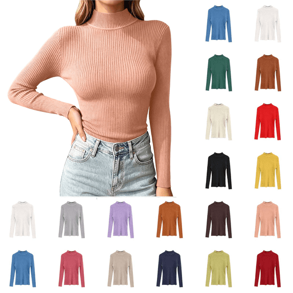 ZUBKTES Sweaters for Women Solid Stretchable Turtleneck Sweater Fall Winter Base Ribbed Long Sleeve Slim Fit Lightweight Pullover