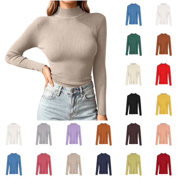 ZUBKTES Sweaters for Women Solid Stretchable Turtleneck Sweater Fall Winter Base Ribbed Long Sleeve Slim Fit Lightweight Pullover