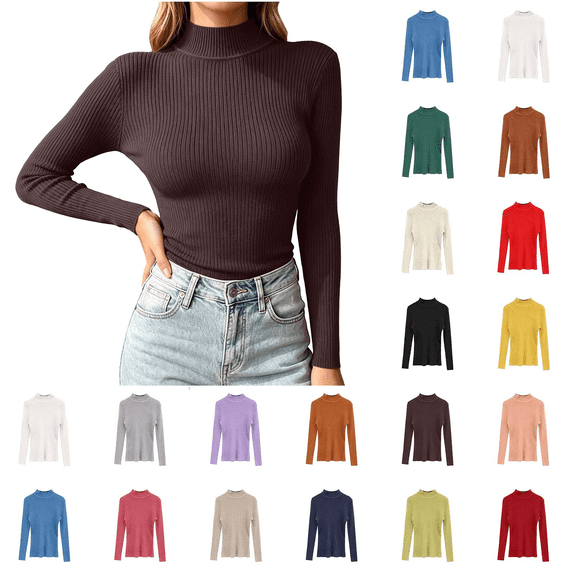ZUBKTES Sweaters for Women Solid Stretchable Turtleneck Sweater Fall Winter Base Ribbed Long Sleeve Slim Fit Lightweight Pullover