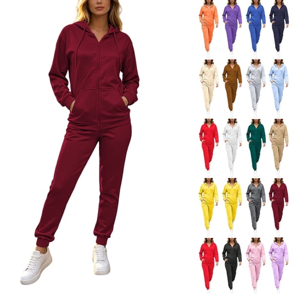 ZUBMGKTE 2 Piece Lounge Sets for Women Zip Up Hooded Cardigan Oversized Sweatshirt Full Length Sweatpants Matching Set, Solid Color Casual Athleisure Tracksuit With Side Pockets S_3XL