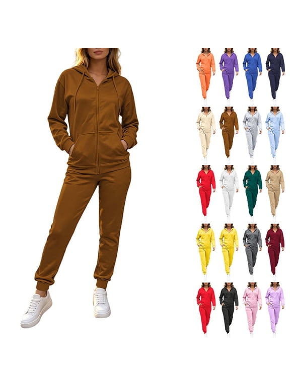 2 Piece Lounge Sets for Women Zip Up Hooded Cardigan Oversized Sweatshirt Full Length Sweatpants Matching Set, Solid Color Casual Athleisure Tracksuit With Side Pockets S_3XL