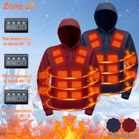 ZUBMGKTE Heated Hoodie for Men&Women , 4‑Controller 31‑Zones Heating Solid Color Long Sleeve Pullover Hooded Sweatshirt Winter Outdoor