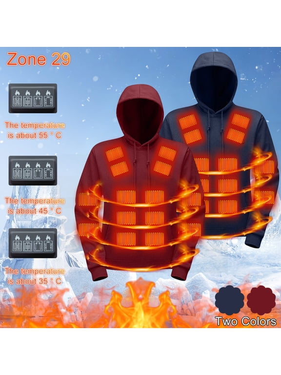 Heated Hoodie for Men&Women , 4‑Controller 31‑Zones Heating Solid Color Long Sleeve Pullover Hooded Sweatshirt Winter Outdoor