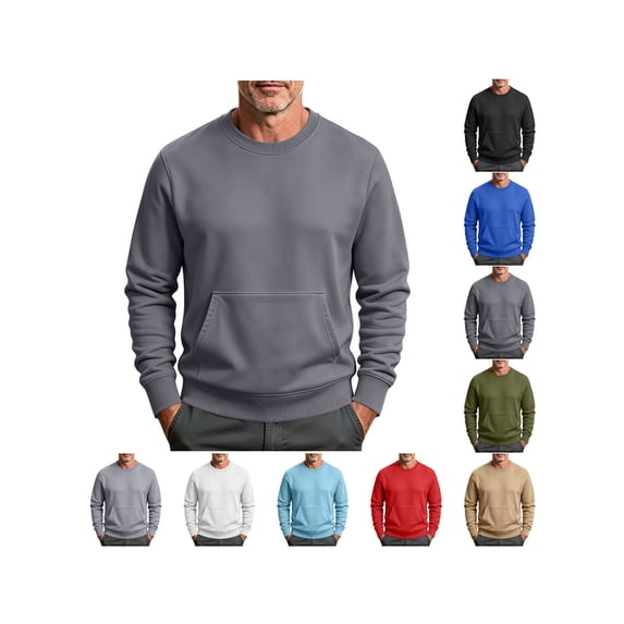 ZUBMGKTE Mens Crewneck Sweatshirt Fleece-Lined Pullover with Kangaroo Pocket