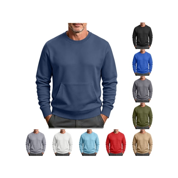 ZUBMGKTE Mens Crewneck Sweatshirt Fleece-Lined Pullover with Kangaroo Pocket
