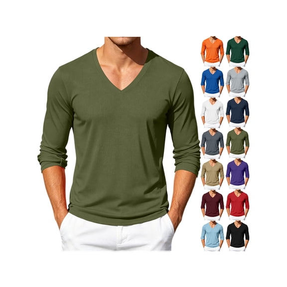 ZUBMGKTE Mens V Neck Long Sleeve Shirts Casual Basic Pullover Tee
