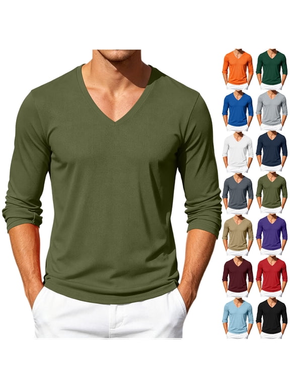 Mens V Neck Long Sleeve Shirts Casual Basic Pullover Tee