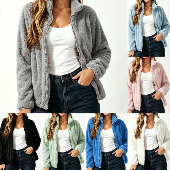 ZUBMGKTE Winter Fleece Jacket for Women 2026 Zipper Stand Collar Casual Coats Winter Outerwear Big & Tall with PocketsM-5XL