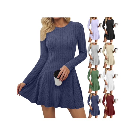 ZUBMGKTE Women's Fall Casual Long Sleeve Short Dress | Soft Ribbed Knit, Crewneck Sweater Dresses, A Line Flowy, Above Knee Length, Going Out Holiday Outfits, Fashion Clothing