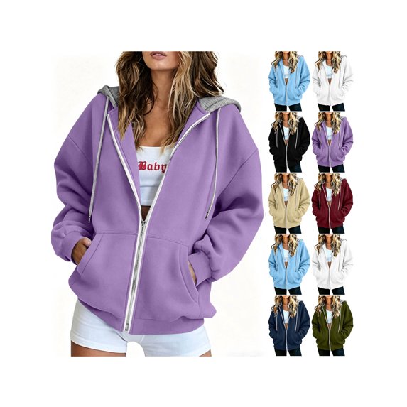 ZUBMGKTE Women's Fall Zip Up Hoodies Sweatshirts Comfy Fleece Lined, Long Sleeve Pockets, Drawstring Hooded, Loose Fit, Trendy Y2K, Track Jackets, Spring Winter Clothing