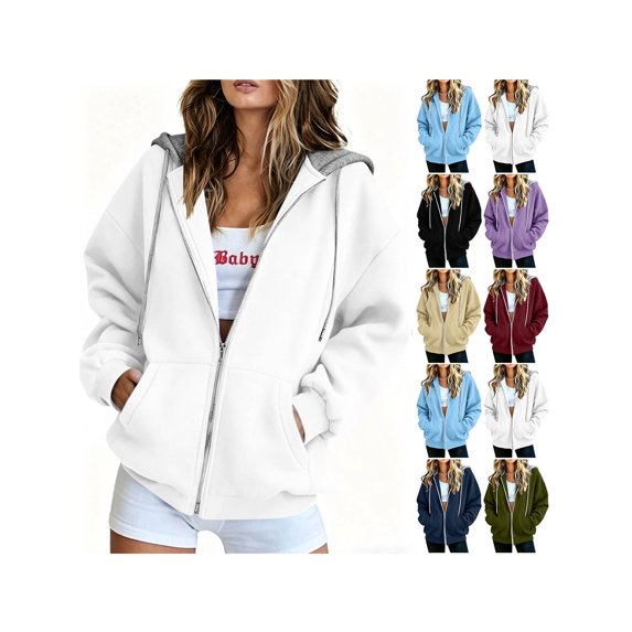 ZUBMGKTE Women's Fall Zip Up Hoodies Sweatshirts Comfy Fleece Lined, Long Sleeve Pockets, Drawstring Hooded, Loose Fit, Trendy Y2K, Track Jackets, Spring Winter Clothing