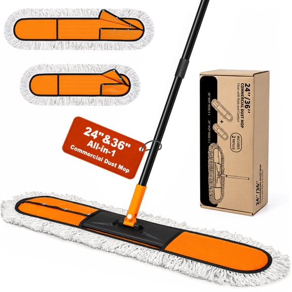 ZUBULUN 24” & 36" Commercial Dust Mop, 2-IN-1 Heavy Duty Industrial Cotton Mop for Floor Cleaning (2 Mop Pads)